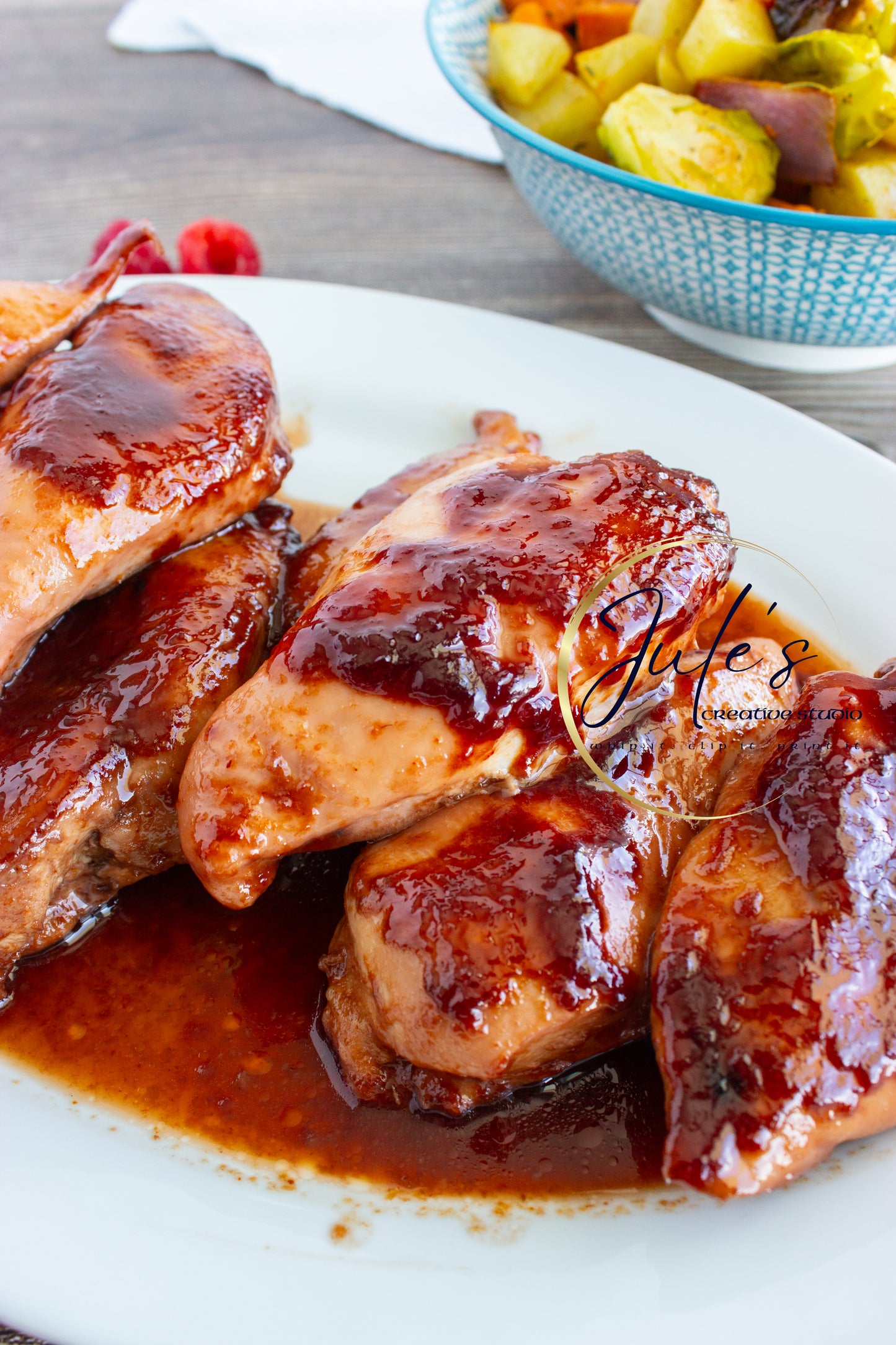 Raspberry Chipotle Baked Chicken breasts with Autumn roasted vegetables