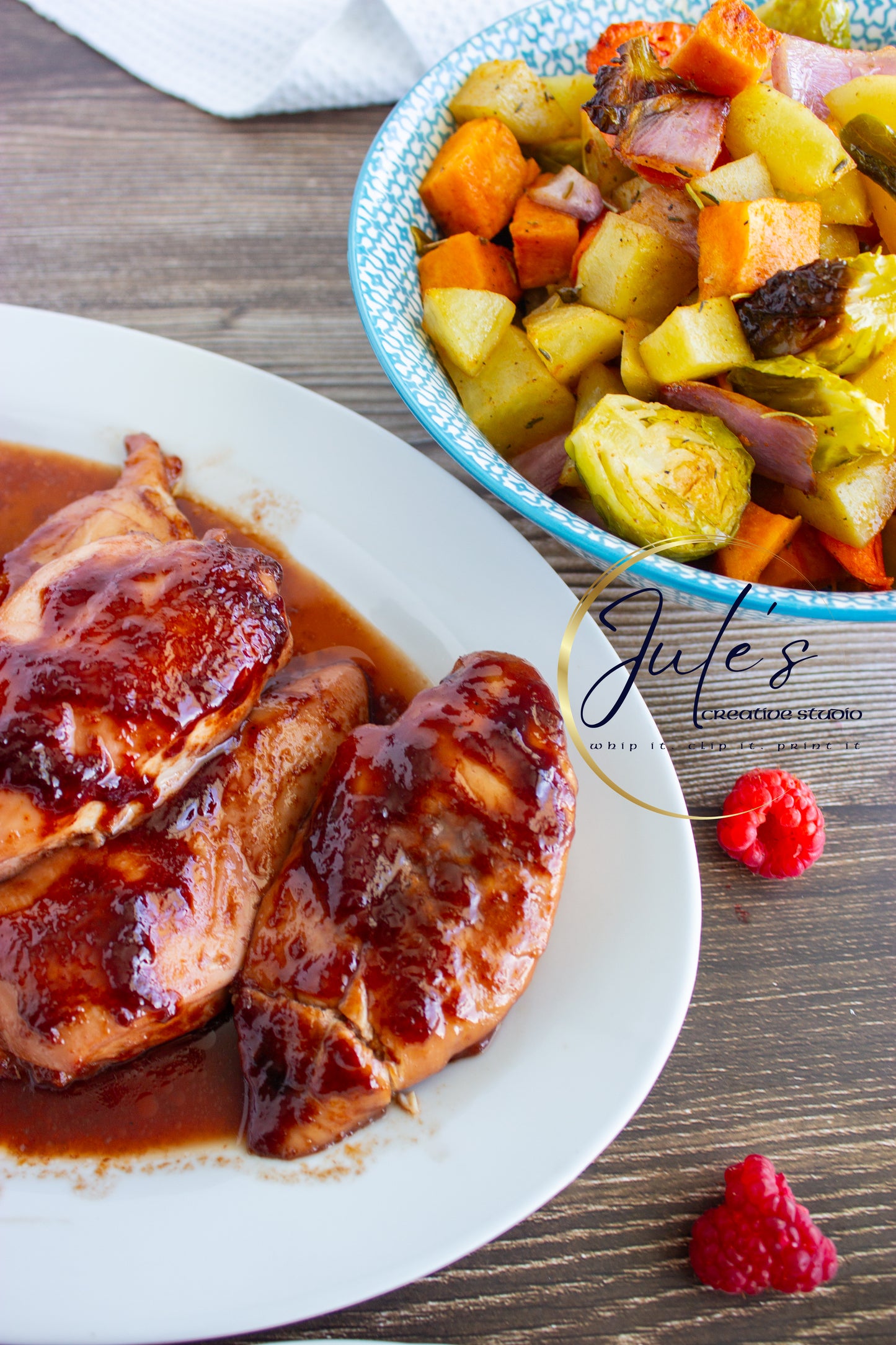 Raspberry Chipotle Baked Chicken breasts with Autumn roasted vegetables