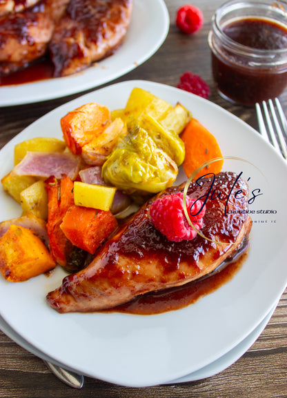 Raspberry Chipotle Baked Chicken breasts with Autumn roasted vegetables