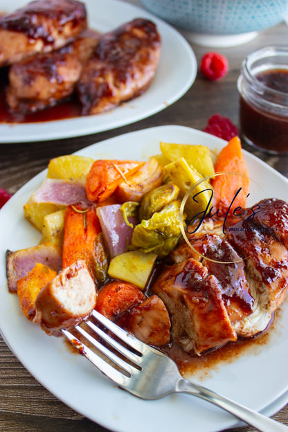 Raspberry Chipotle Baked Chicken breasts with Autumn roasted vegetables