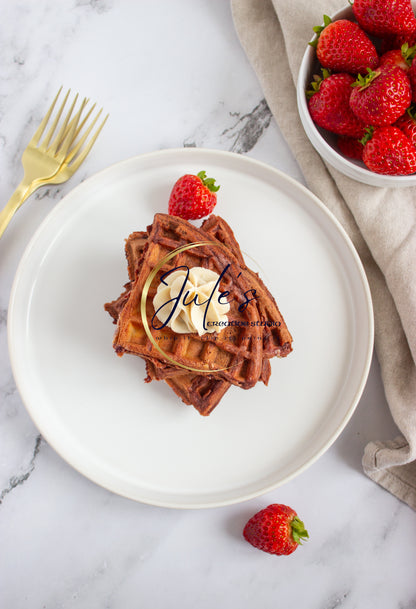 Cheesecake Stuffed Red Velvet Waffles with Cream cheese drizzle. (Set 1)