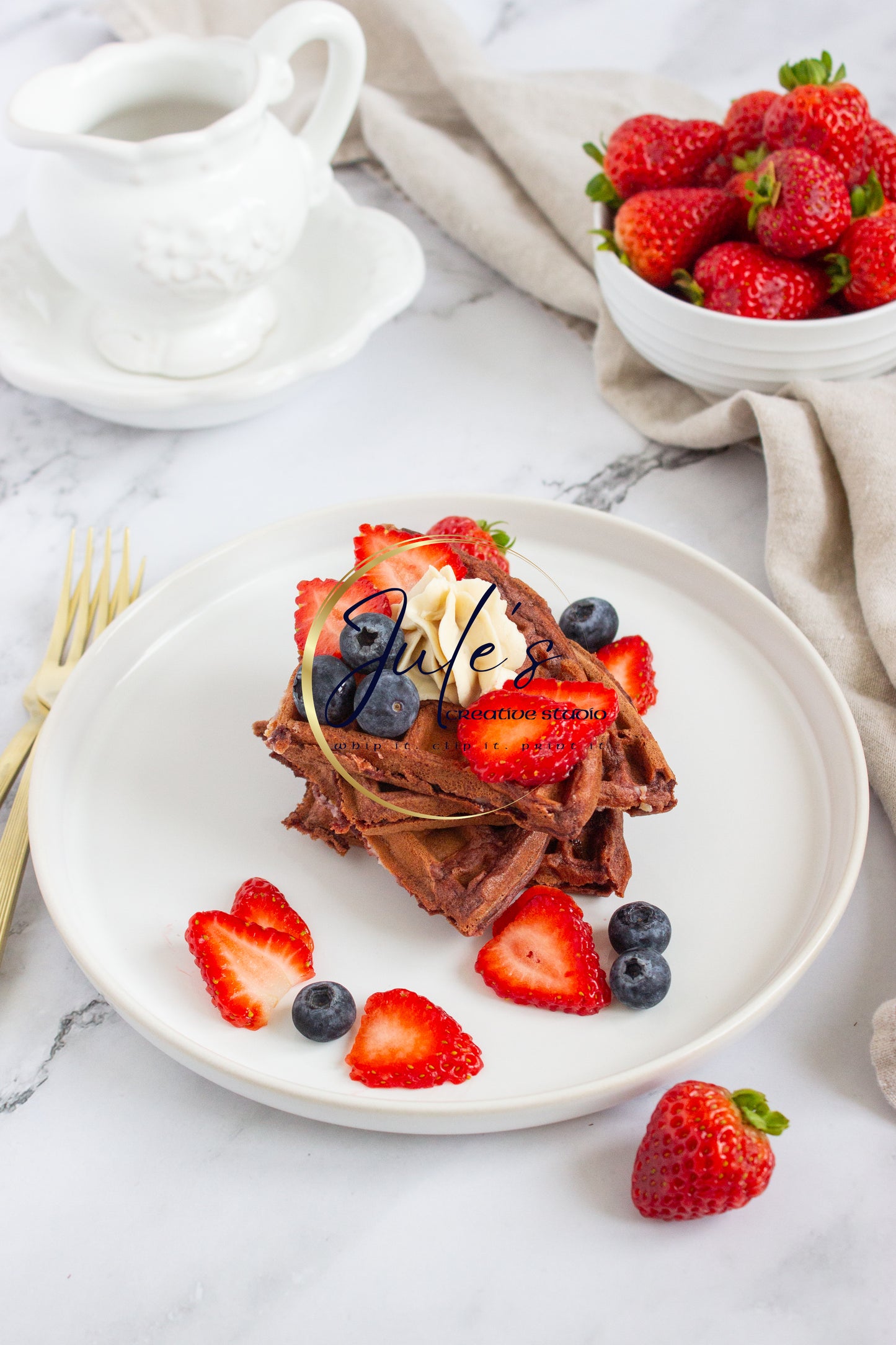 Cheesecake Stuffed Red Velvet Waffles with Cream cheese drizzle. (Set 1)