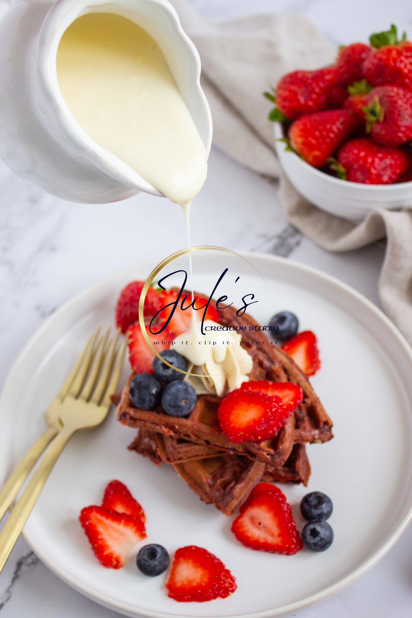 Cheesecake Stuffed Red Velvet Waffles with Cream cheese drizzle. (Set 1)